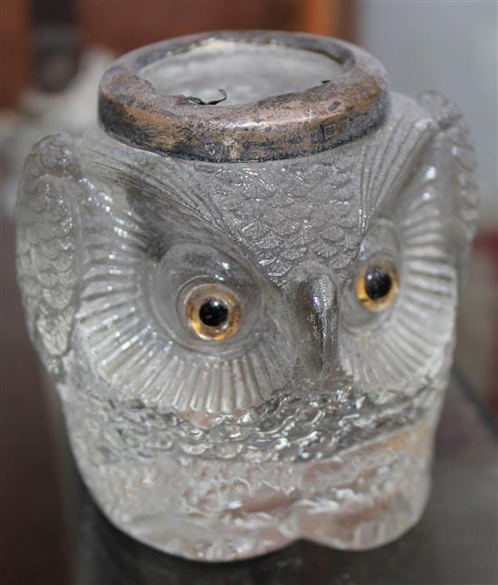Silver mounted glass owl pot